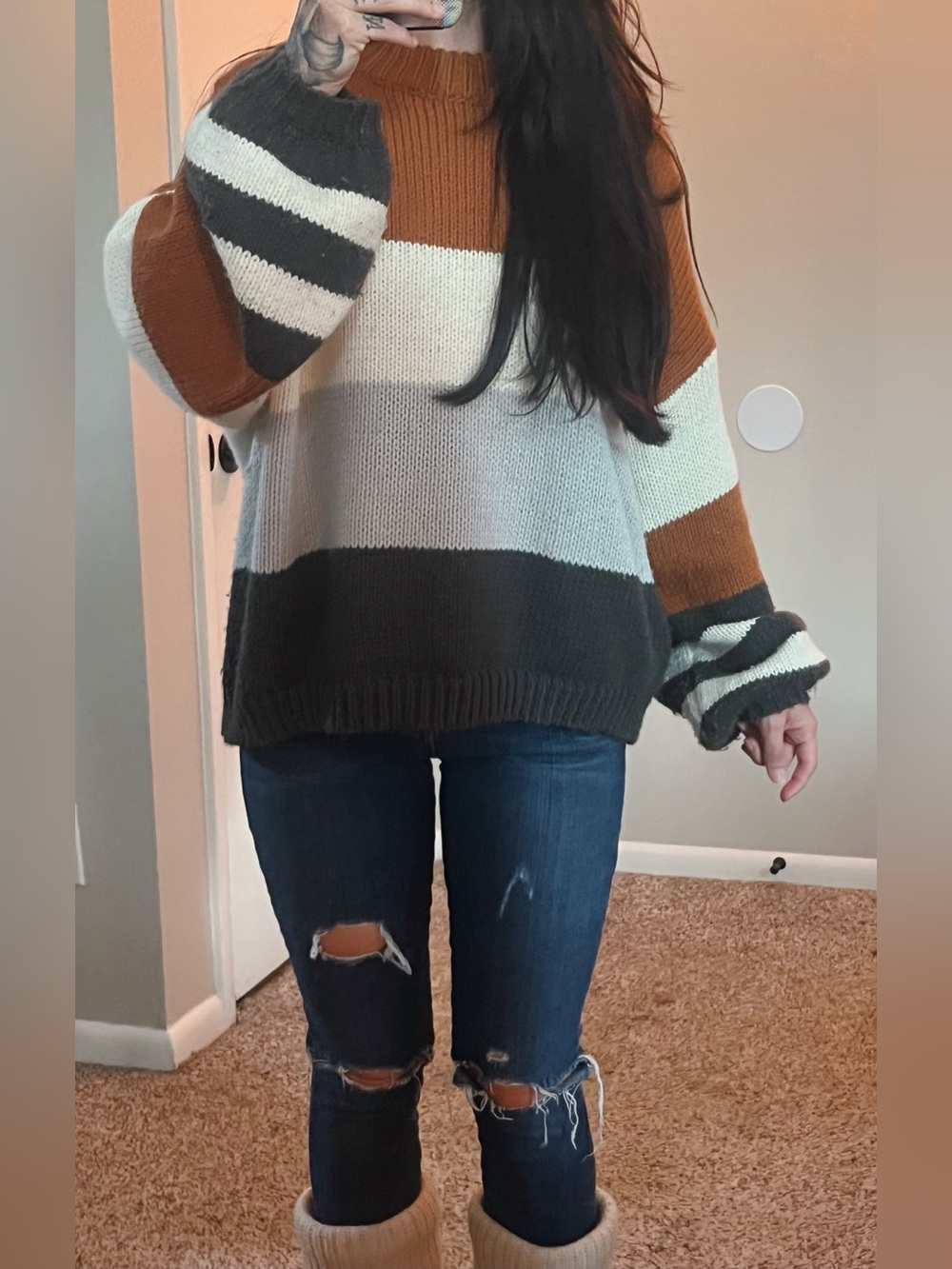 Colorblock Striped Cozy Knit Sweater - Brown Multi